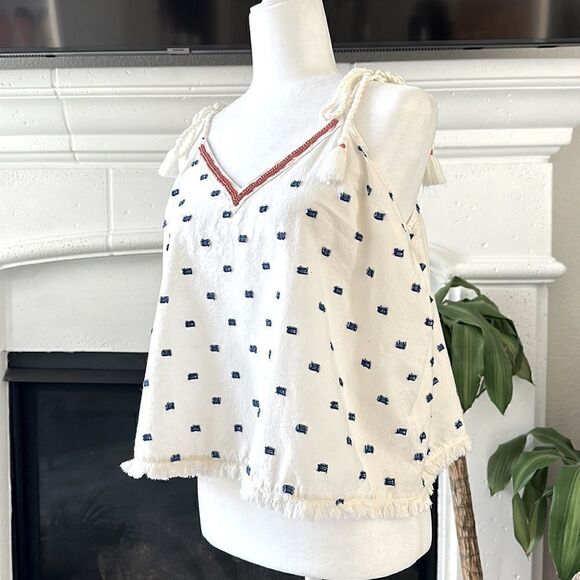 Aerie V Neck Raw Hem Tan Top Blue Stitching L Off White Red Rhinestone Boho - Picture 3 of 11